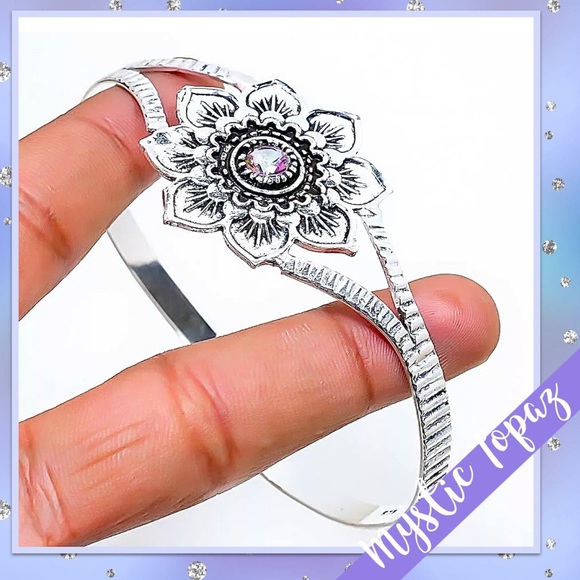 Mystic Topaz Eclectic Floral Silver Bangle Cuff (Lavender / Purple / Pink) - Picture 2 of 2